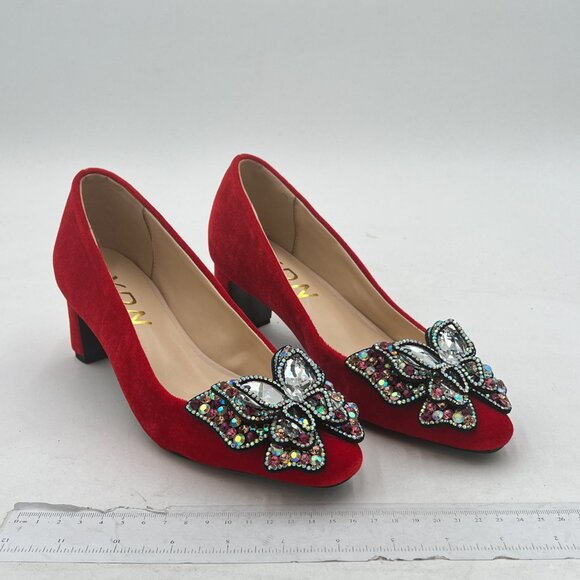 YDN Red Pointed Toe Bow Pump Colorful Rhinestone Block Low Heel Butterfly Shoe - Picture 3 of 7